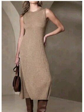 Banana Republic Andiamo Merino Wool Ribbed Sweater Dress XS Beige Taupe Midi